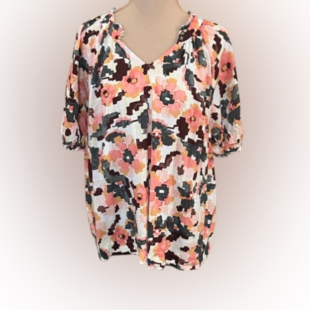Sonoma Painted Floral Puff Sleeve Boho Blouse V-Neck Size XL